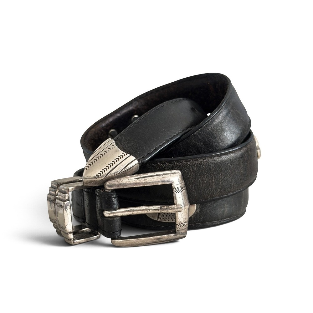 90s Black Top Grain Oil Leather Belt Silver Oval Golf Hardware Concho Size 40